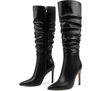 Women's Black Slouchy Stiletto Slouch Knee High Dress Boots Pointed Toe Buckle
